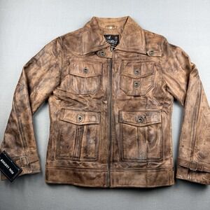 NEW Real Leather Brown Distressed Western Trucker Jacket Mens Small NWT
